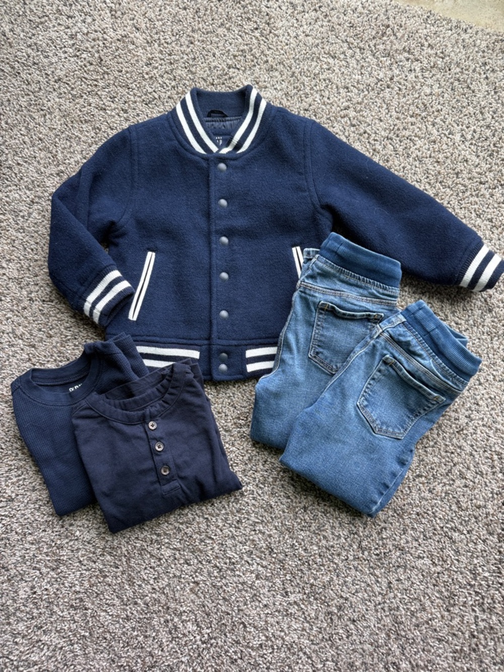 Bundle! Old Navy & Baby Gap Navy Blue Varsity Jacket, Navy Tops and Jeans